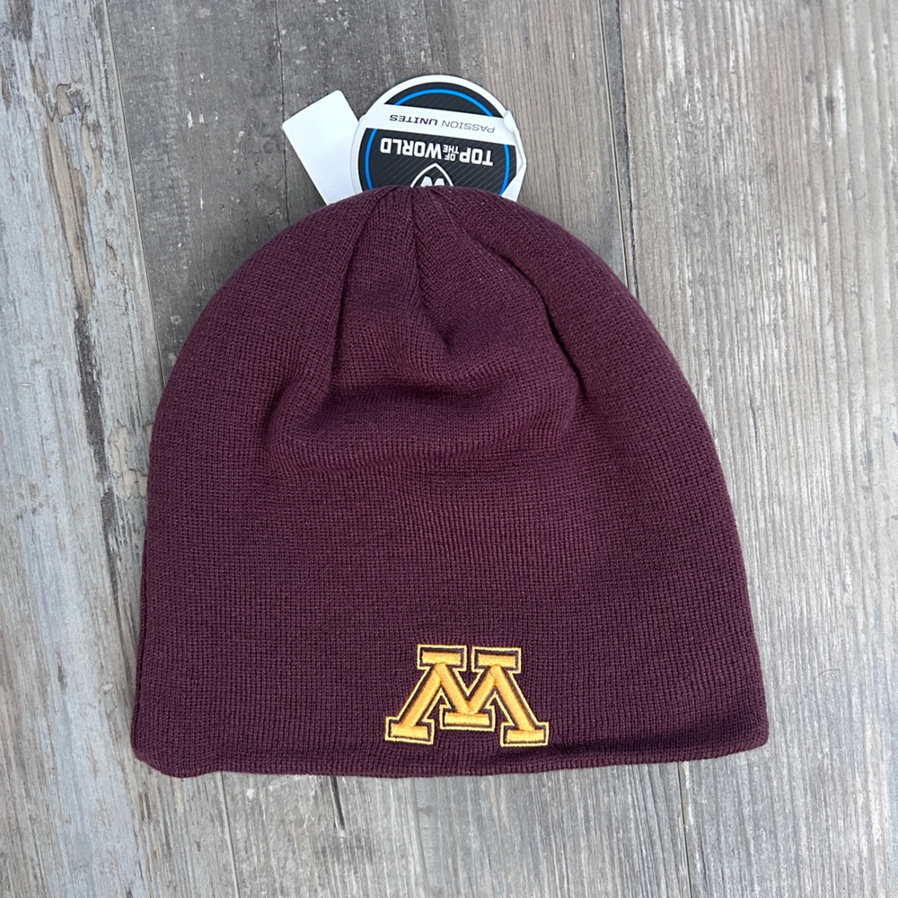 Top of the World Burgundy Beanie with Yellow Emblem